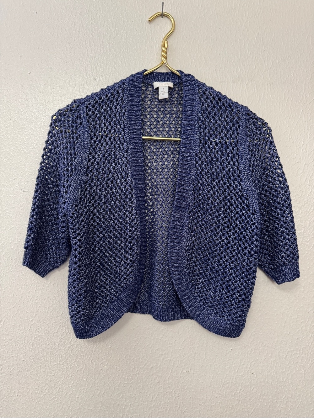 Chicos Open-Weave Navy Blue Knit Cardigan Sweater Size 1
